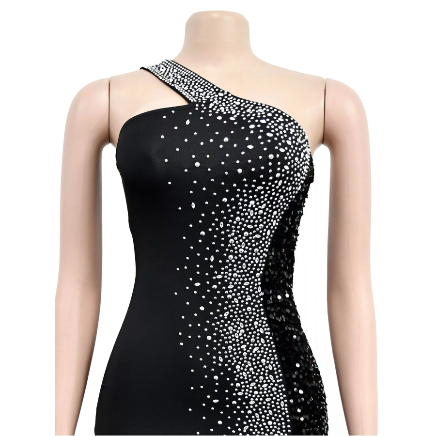 Rhinestone One-Shoulder High-Slit Maxi Dress Apparel and Accessories
