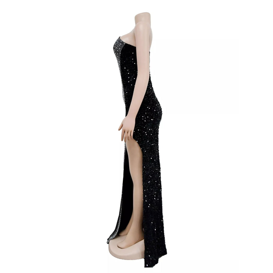 Rhinestone One-Shoulder High-Slit Maxi Dress Apparel and Accessories