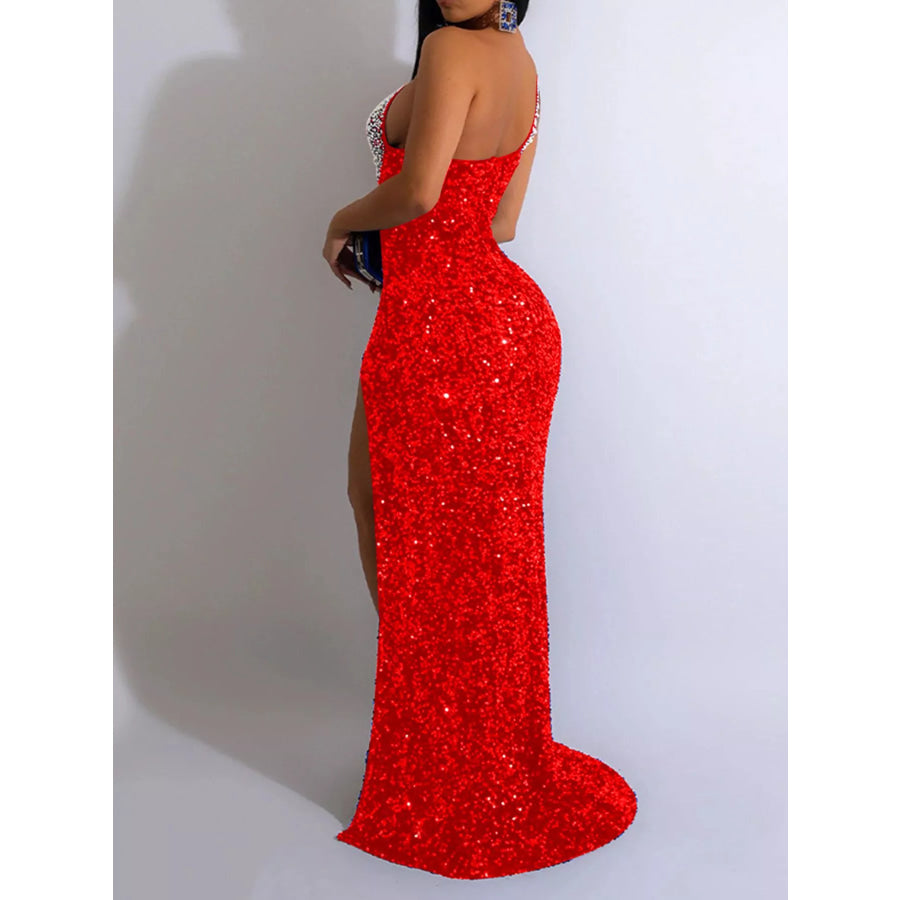 Rhinestone One-Shoulder High-Slit Maxi Dress Apparel and Accessories
