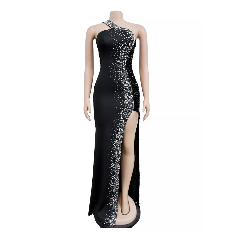 Rhinestone One-Shoulder High-Slit Maxi Dress Apparel and Accessories