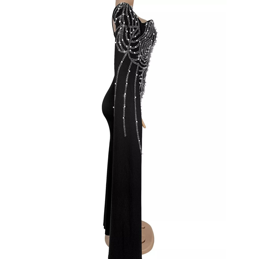 Rhinestone Pearl Detail One-Shoulder Mermaid Maxi Dress Apparel and Accessories