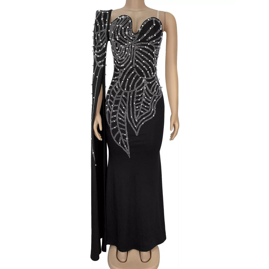 Rhinestone Pearl Detail One-Shoulder Mermaid Maxi Dress Apparel and Accessories