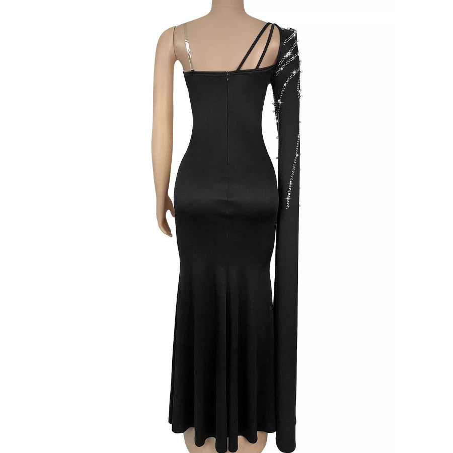 Rhinestone Pearl Detail One-Shoulder Mermaid Maxi Dress Apparel and Accessories