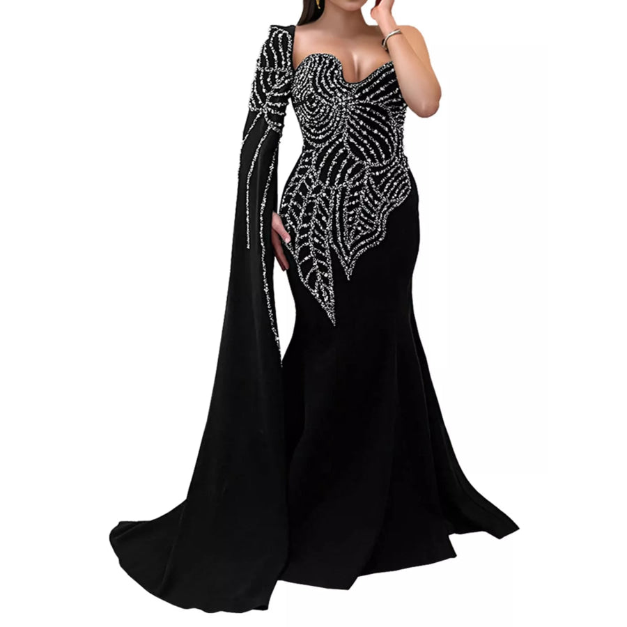 Rhinestone Pearl Detail One-Shoulder Mermaid Maxi Dress Apparel and Accessories