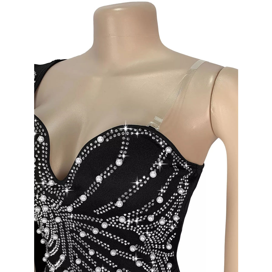 Rhinestone Pearl Detail One-Shoulder Mermaid Maxi Dress Apparel and Accessories