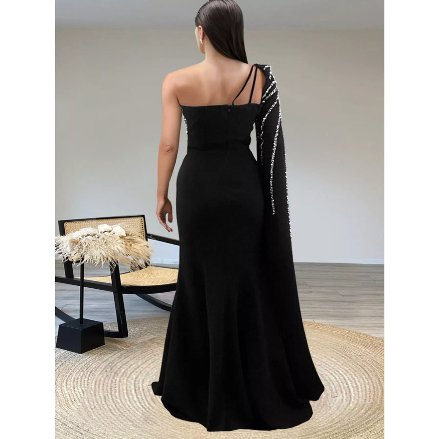 Rhinestone Pearl Detail One-Shoulder Mermaid Maxi Dress Apparel and Accessories