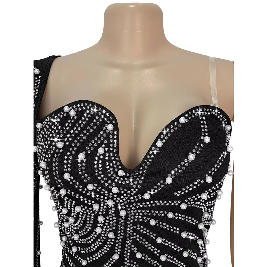 Rhinestone Pearl Detail One-Shoulder Mermaid Maxi Dress Apparel and Accessories