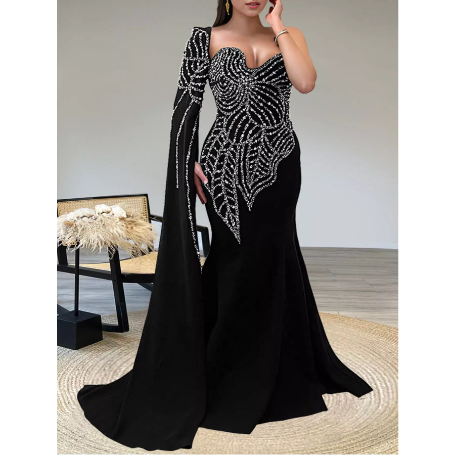 Rhinestone Pearl Detail One-Shoulder Mermaid Maxi Dress Black / S Apparel and Accessories