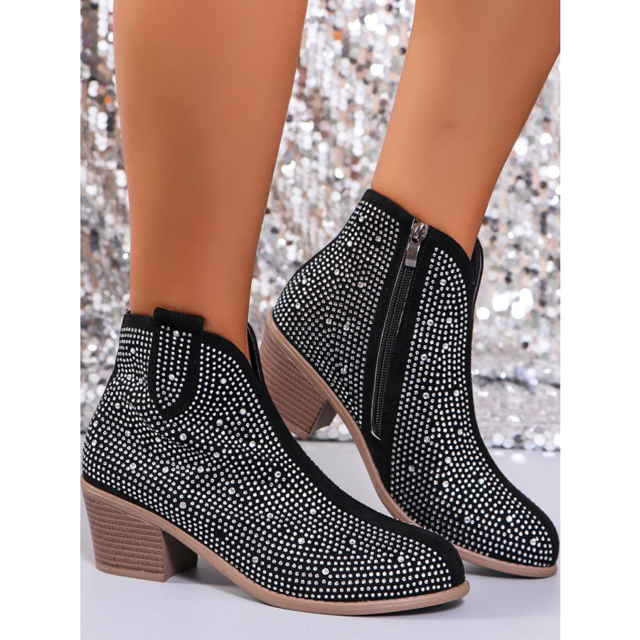 Rhinestone Point Toe Block Heel Boots Apparel and Accessories