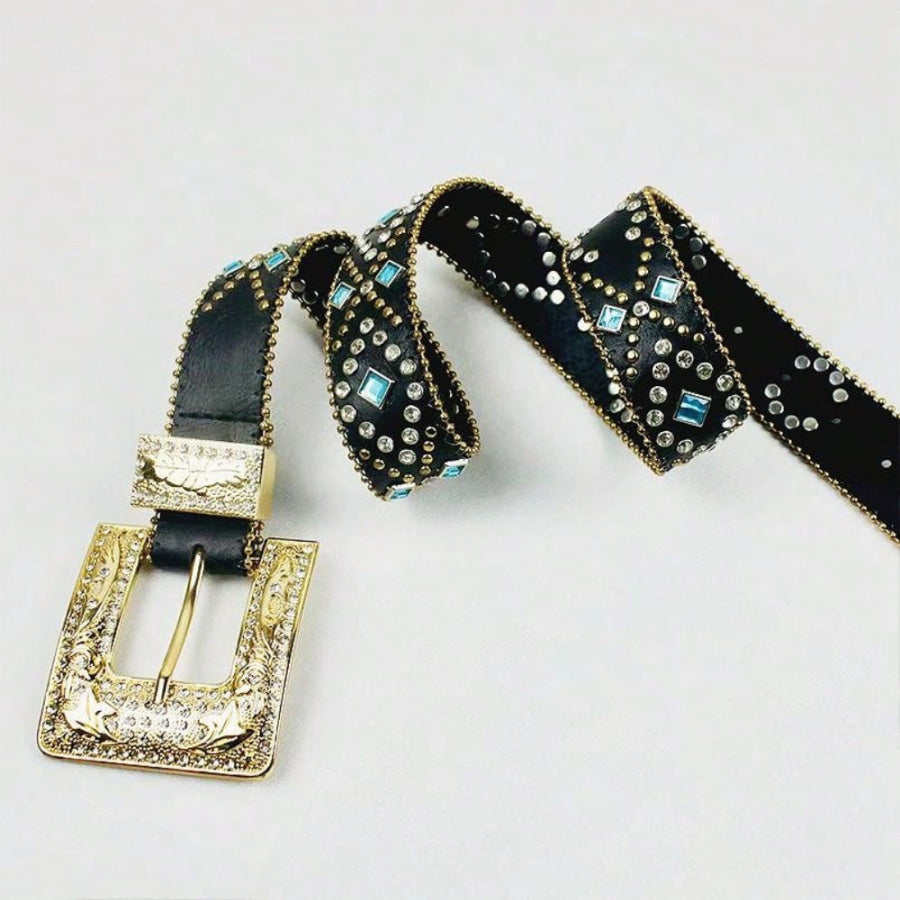 Rhinestone PU Leather Belt Black / S Apparel and Accessories