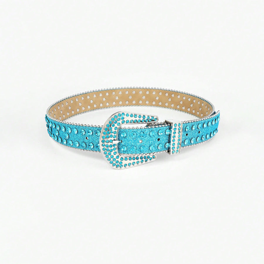 Rhinestone PU Leather Belt Pastel Blue / S Apparel and Accessories