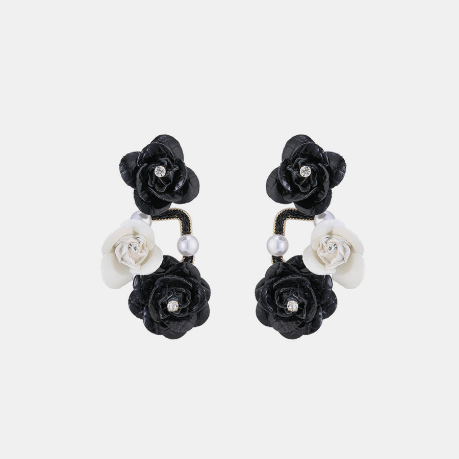 Rhinestone PU Leather Flower Earrings Black / One Size Apparel and Accessories