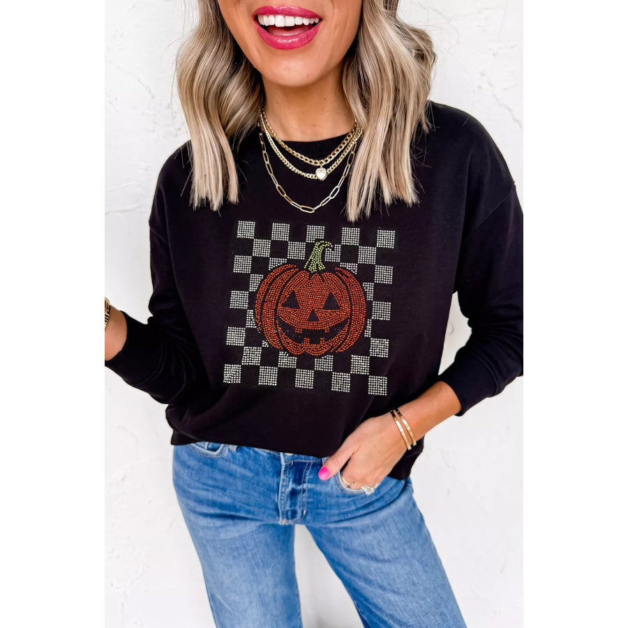 Rhinestone Pumpkin Long Sleeve Sweatshirt Apparel and Accessories