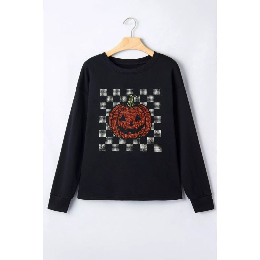 Rhinestone Pumpkin Long Sleeve Sweatshirt Apparel and Accessories