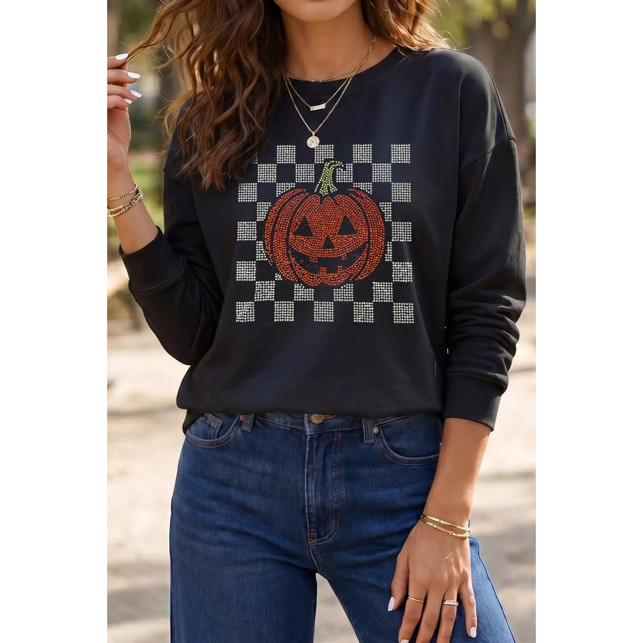 Rhinestone Pumpkin Long Sleeve Sweatshirt Black / S Apparel and Accessories