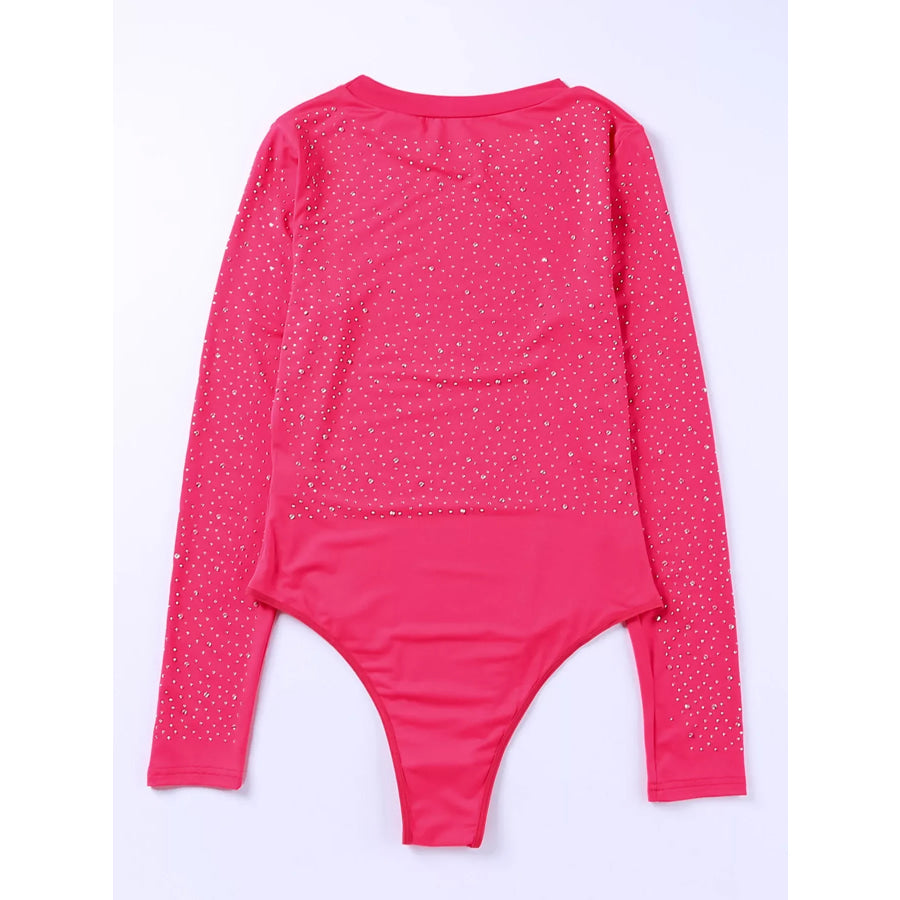 Rhinestone Round Neck Long Sleeve Bodysuit Apparel and Accessories