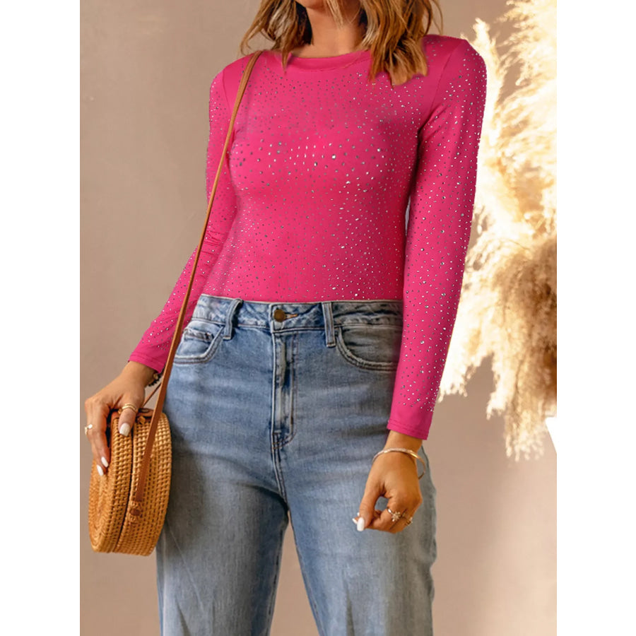Rhinestone Round Neck Long Sleeve Bodysuit Strawberry / S Apparel and Accessories