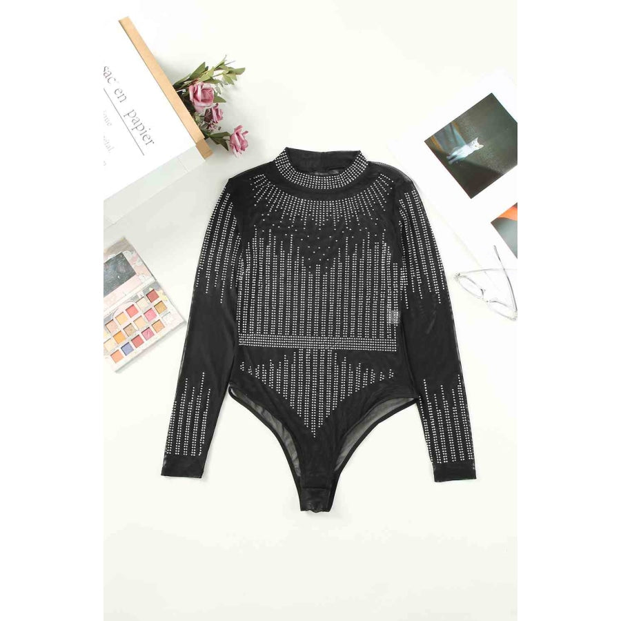 Rhinestone Round Neck Long Sleeve Bodysuit