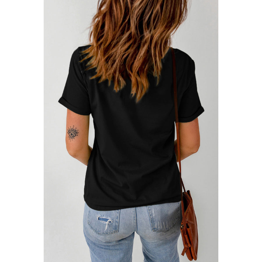 Rhinestone Round Neck Short Sleeve T-Shirt Black / S Apparel and Accessories