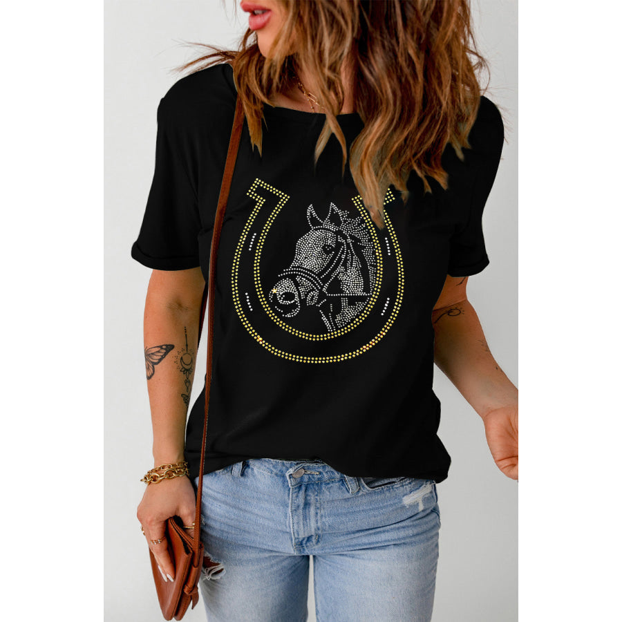Rhinestone Round Neck Short Sleeve T-Shirt Black / S Apparel and Accessories