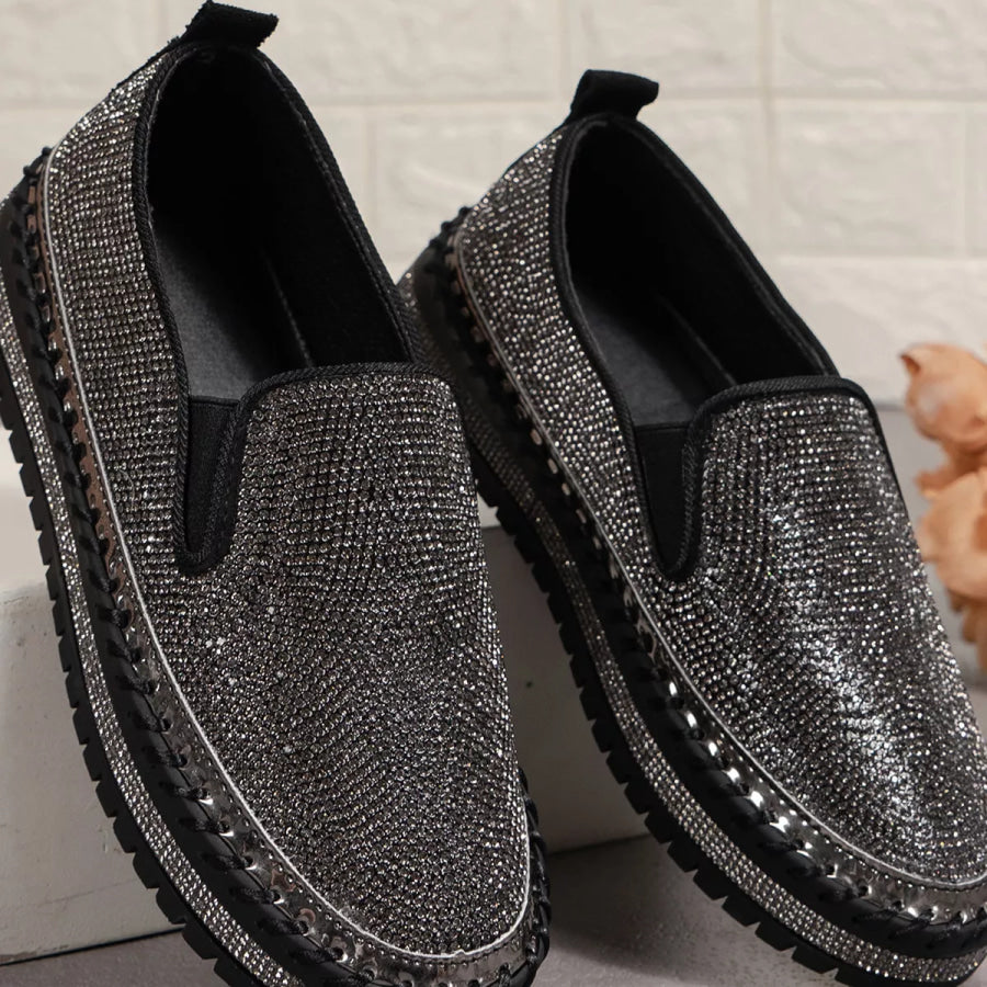 Rhinestone Round Toe Platform Loafers Apparel and Accessories