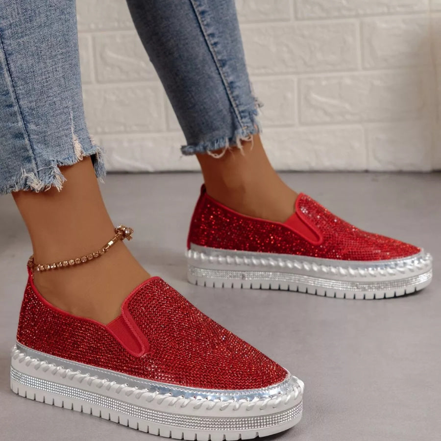 Rhinestone Round Toe Platform Loafers Apparel and Accessories