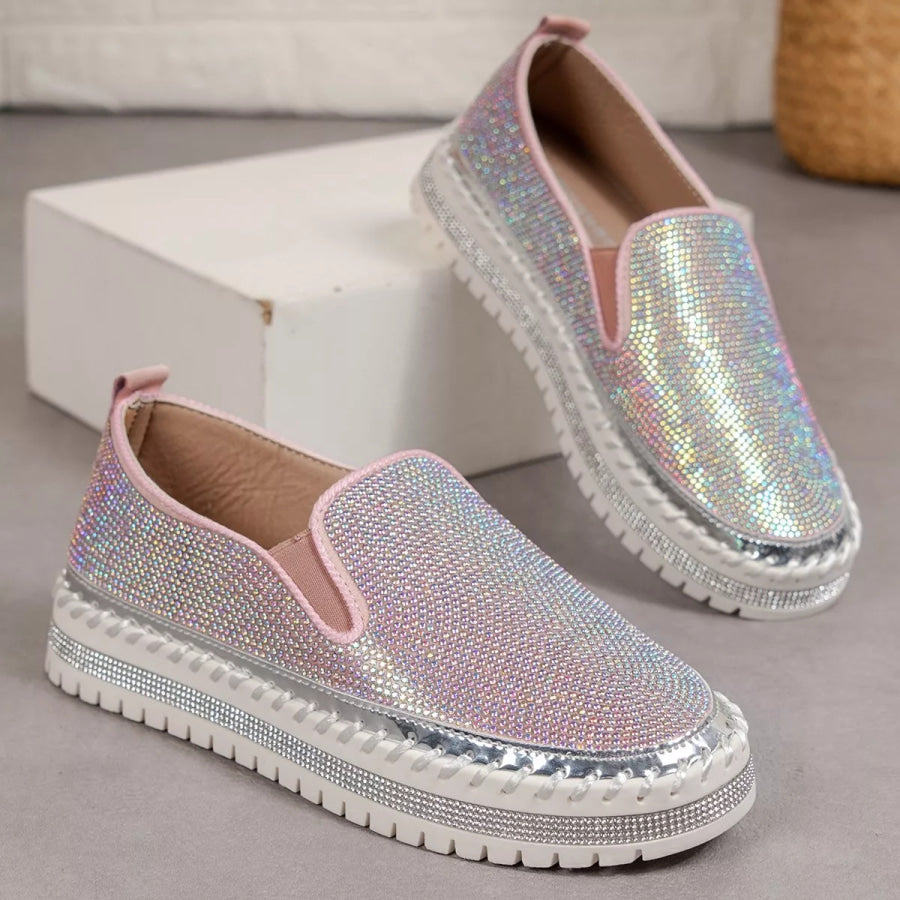 Rhinestone Round Toe Platform Loafers Apparel and Accessories