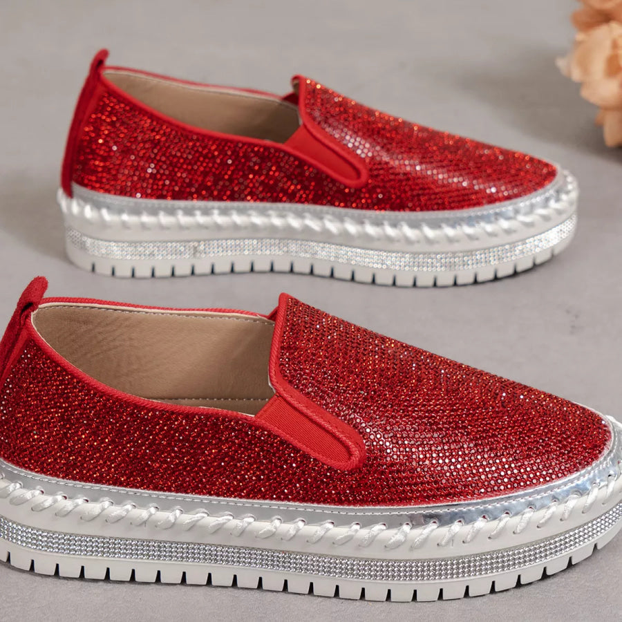 Rhinestone Round Toe Platform Loafers Apparel and Accessories