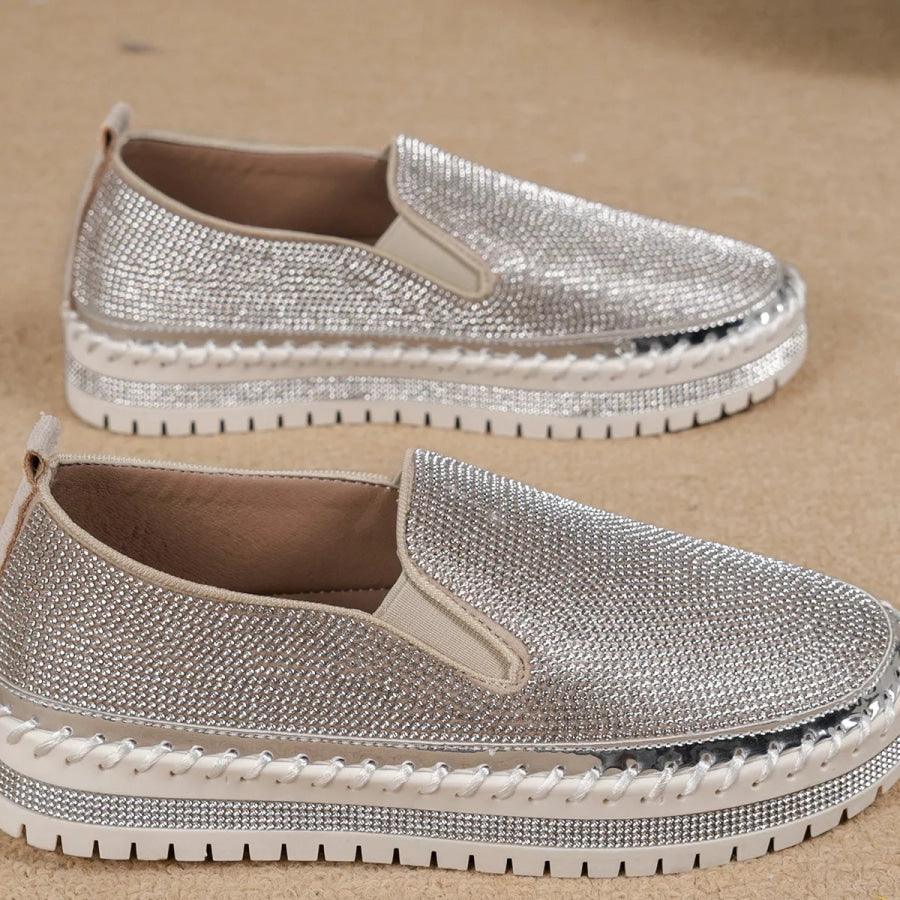 Rhinestone Round Toe Platform Loafers Apparel and Accessories