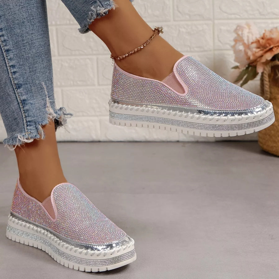 Rhinestone Round Toe Platform Loafers Apparel and Accessories