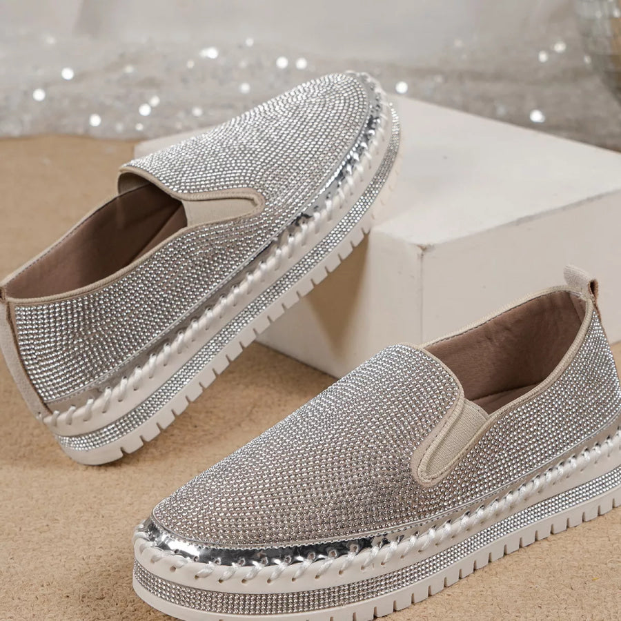 Rhinestone Round Toe Platform Loafers Apparel and Accessories