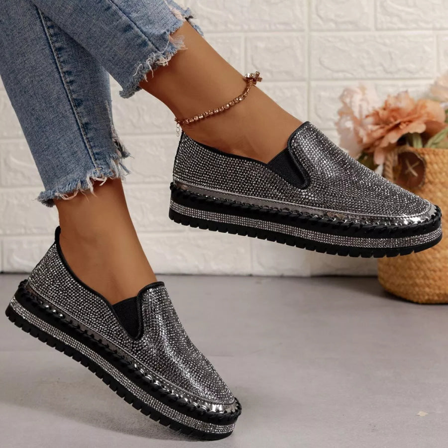 Rhinestone Round Toe Platform Loafers Black / 36 Apparel and Accessories