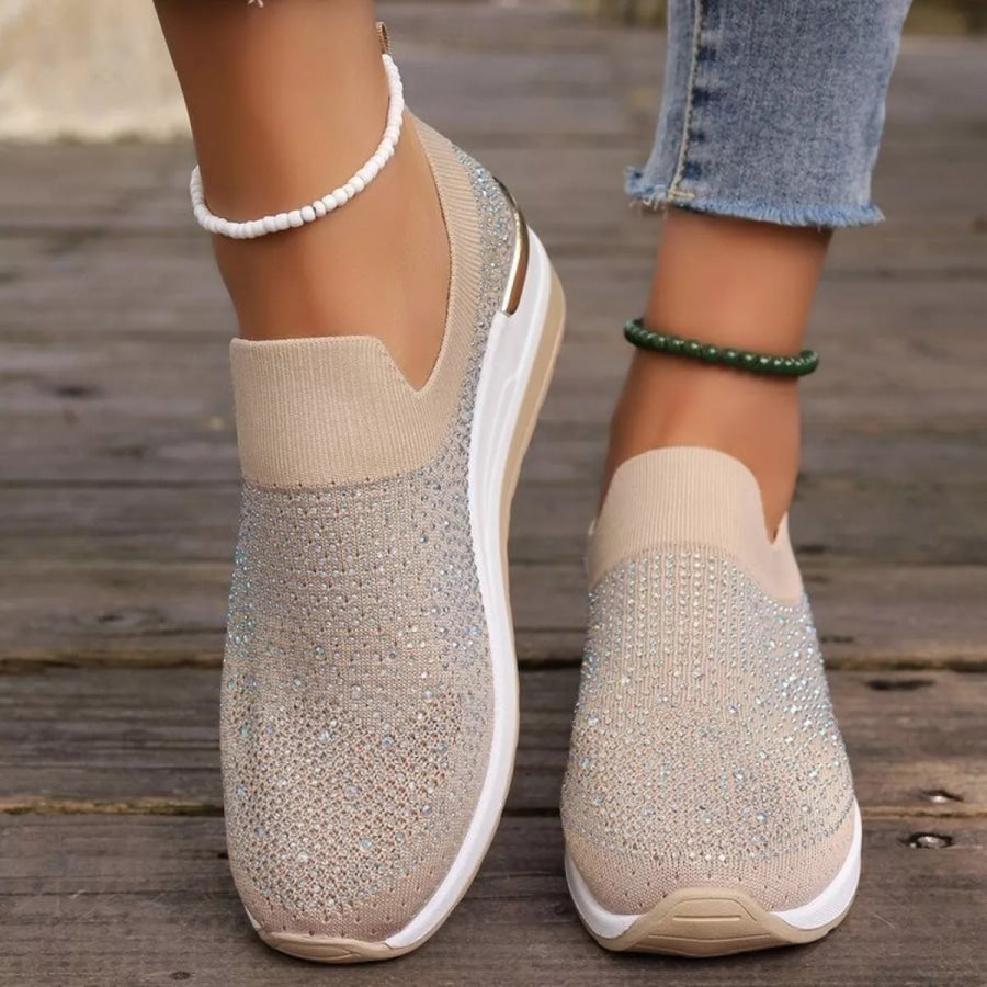 Rhinestone Round Toe Slip-Ons Khaki / 37 Apparel and Accessories