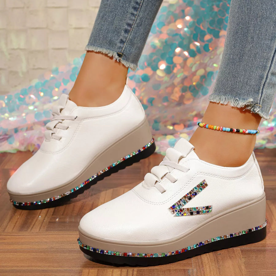 Rhinestone Round Toe Wedge Sneakers White / 35 Apparel and Accessories