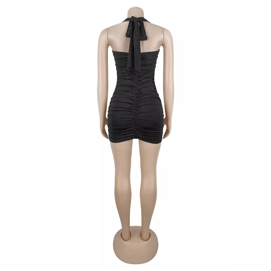 Rhinestone Ruched Halter Neck Bodycon Mini Dress Apparel and Accessories