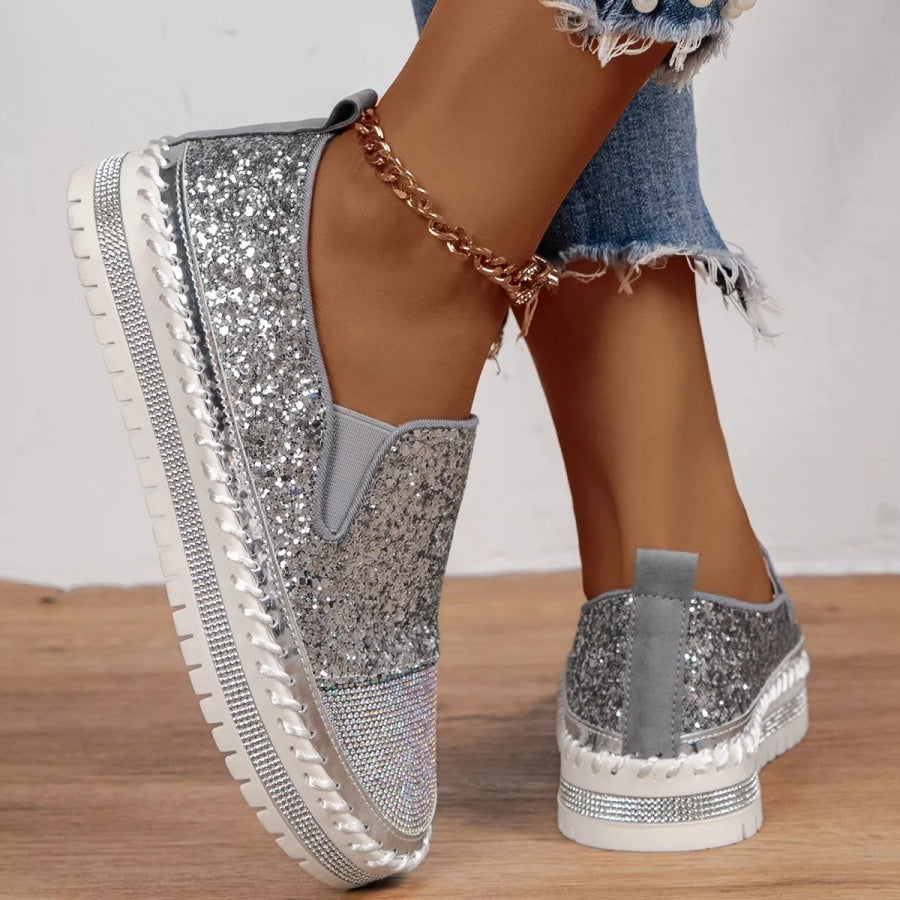 Rhinestone Sequin Round Toe Platform Loafers Apparel and Accessories