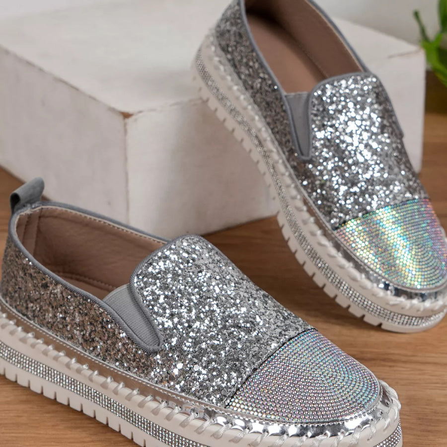 Rhinestone Sequin Round Toe Platform Loafers Apparel and Accessories