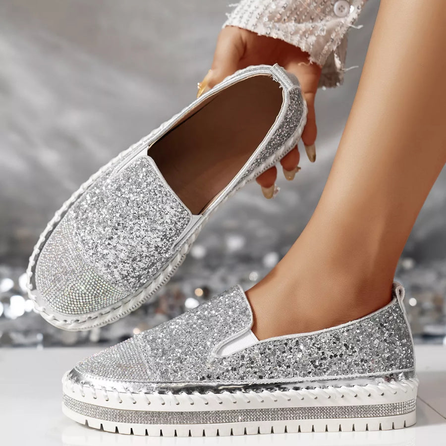 Rhinestone Sequin Round Toe Platform Loafers Apparel and Accessories