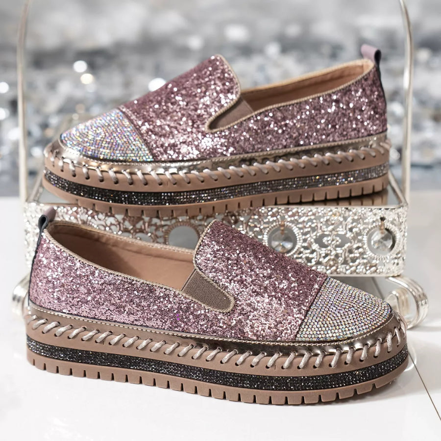 Rhinestone Sequin Round Toe Platform Loafers Apparel and Accessories