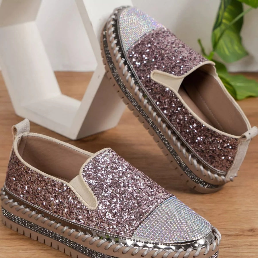 Rhinestone Sequin Round Toe Platform Loafers Apparel and Accessories