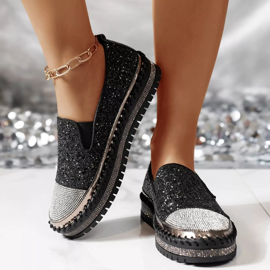 Rhinestone Sequin Round Toe Platform Loafers Black / 35 Apparel and Accessories