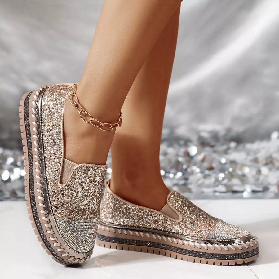 Rhinestone Sequin Round Toe Platform Loafers Gold / 35 Apparel and Accessories