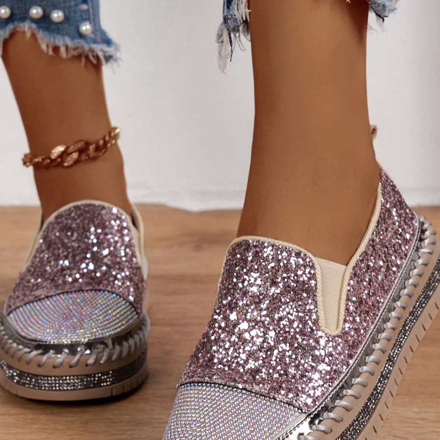 Rhinestone Sequin Round Toe Platform Loafers Pink / 35 Apparel and Accessories