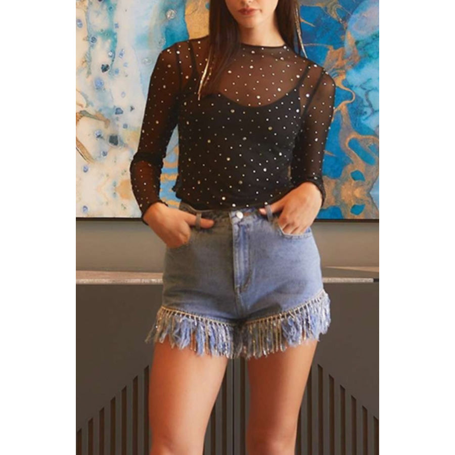 Rhinestone Sheer Mesh Mock Neck Long Sleeve Top Apparel and Accessories