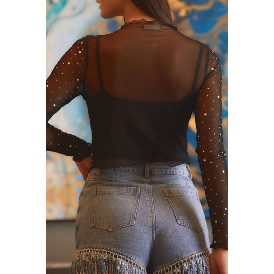 Rhinestone Sheer Mesh Mock Neck Long Sleeve Top Black / S Apparel and Accessories