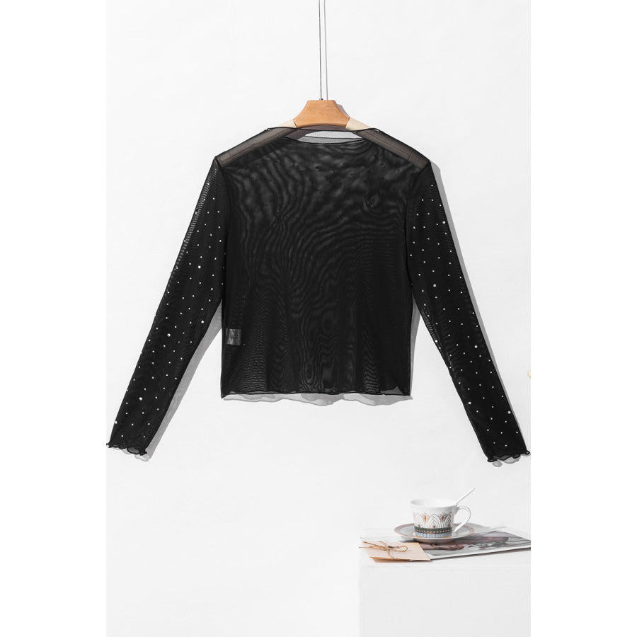 Rhinestone Sheer Mesh Mock Neck Long Sleeve Top Apparel and Accessories
