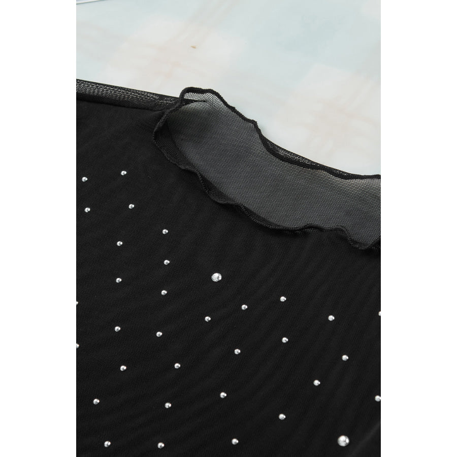 Rhinestone Sheer Mesh Mock Neck Long Sleeve Top Apparel and Accessories
