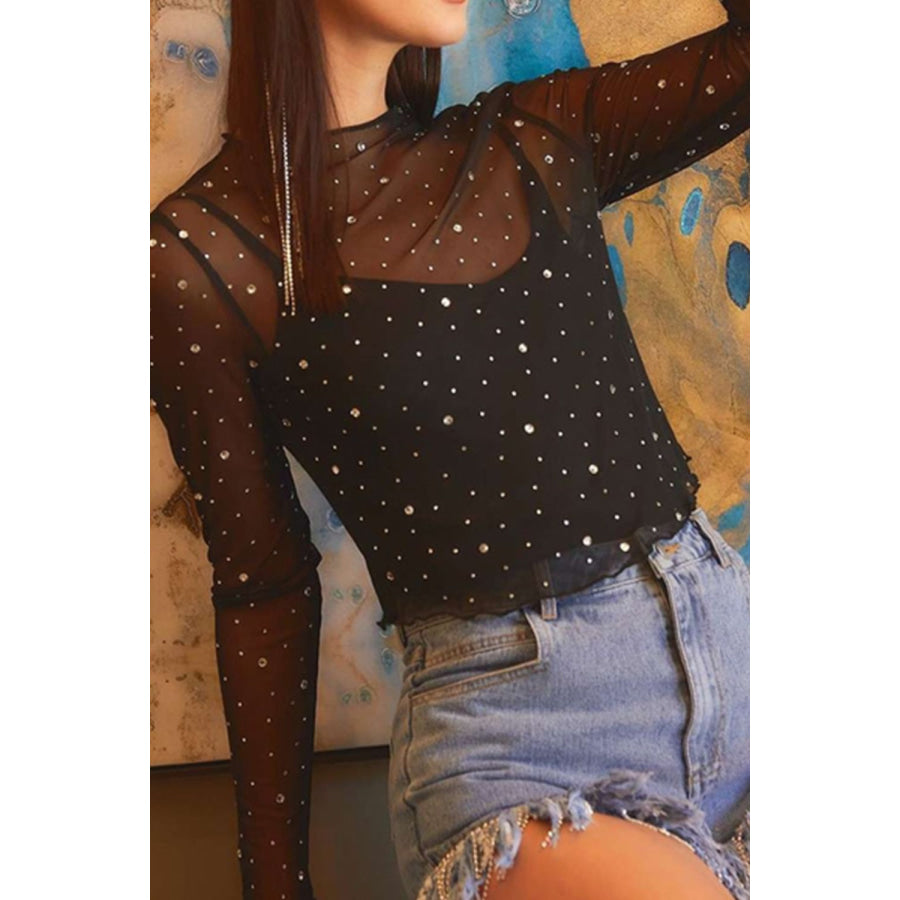 Rhinestone Sheer Mesh Mock Neck Long Sleeve Top Apparel and Accessories