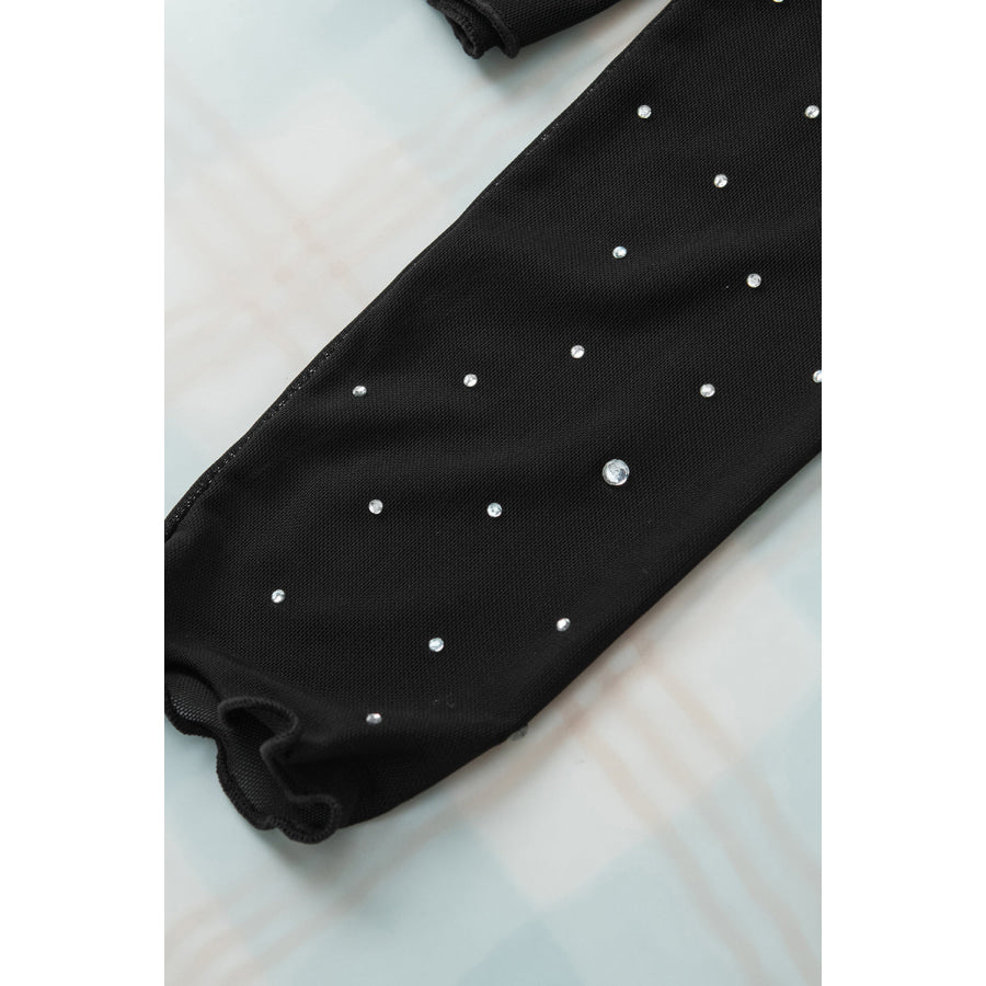 Rhinestone Sheer Mesh Mock Neck Long Sleeve Top Apparel and Accessories