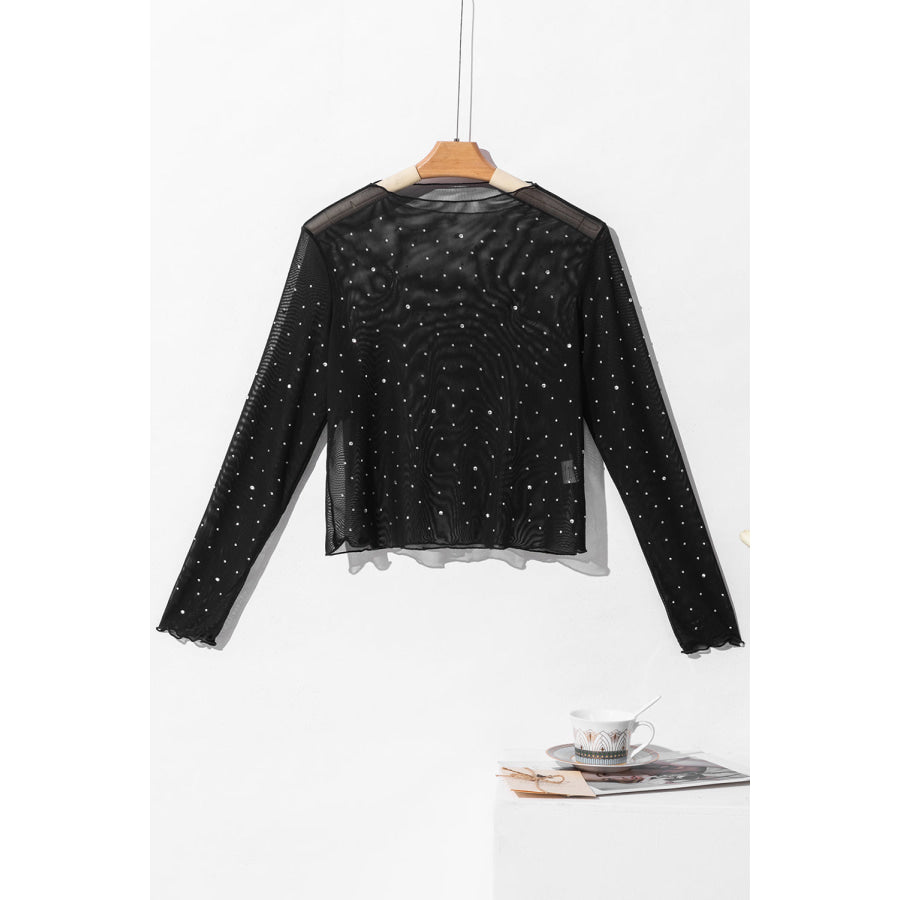 Rhinestone Sheer Mesh Mock Neck Long Sleeve Top Apparel and Accessories
